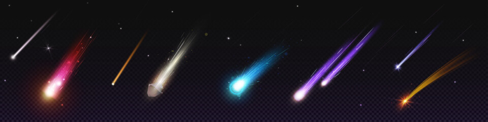 Wall Mural - comet and meteoroid fall speed trail galaxy vector set. 3d meteor shower with flame in sky effect wi