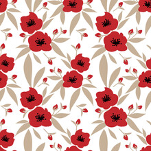 Seamless Pattern Of Cute Red Flower Branches With Leaves On Write Background.