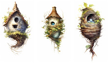 Watercolour Fantasy Bird Nest Houses. Greeting Cards And Envelopes Artwork Project Set 2. 