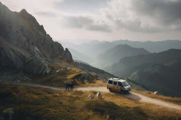  A Campervan Adventure in Mountain Scenery. Campervan journeying through the majestic mountains, with breathtaking natural scenery. Ai generated