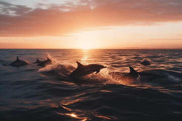 Leap of Freedom: Dolphins Jumping out of the Ocean at Sunset. Ai generated