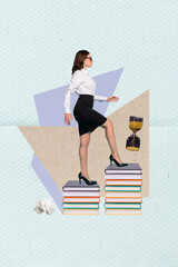 Poster - Collage of young successful university lecturer woman formal wear reach next level reading books for long time isolated on blue background