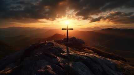 Majestic Sunset Mountain View, Shiny Jesus Cross on Summit, Spiritual and Inspirational Landscape, 16:9 Aspect Ratio, Generative AI Illustration