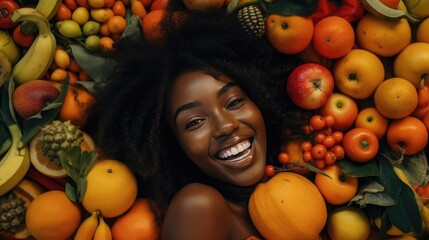 Attractive young black woman lies among many healthy fruits and vegetables, proper nutrition healthy diet concept top view, anti aging lifestyle of young female without eating disorder, generative AI