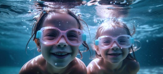 Wall Mural - Two young children swimming underwater, wearing swim goggles, sisters enjoying summer fun, laughter, and carefree childhood moments, generative ai