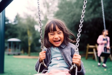 Wall Mural - Joyful young girl playing on a swing on a summer day, embodying carefree fun and childhood spirit, generative ai