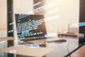 multi exposure of abstract software development hologram on laptop background, research and analytic