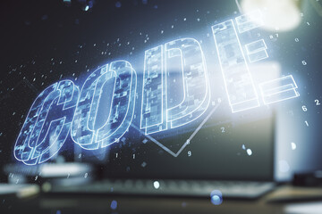 Wall Mural - creative code word sign on modern computer background, international software development concept. m