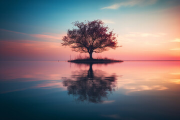  Tree standing in the water during a breathtaking sunset, with its reflection creating a sense of calm and tranquility. Ai generated