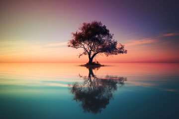  Tree standing in the water during a breathtaking sunset, with its reflection creating a sense of calm and tranquility. Ai generated