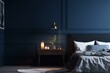 Cozy dark blue bedroom interior background with a farmhouse style mockup frame rendered in 3D. Generative AI