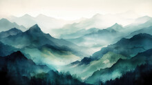 Watercolor Of Mountain Landscape Of Peaks And Valleys In Blue And Green, Generative Ai
