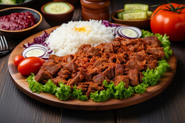 Wall Mural - Delicious plate of traditional Turkish cuisine, including juicy kebap doner, fluffy rice, and fresh salad. Ai generated