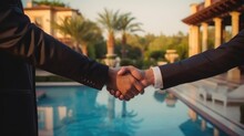 Closeup Of Handshake In Suits, Celebrating Sales Deal Near Luxury Villa Pool, 16:9 Aspect Ratio, Generative AI Illustration