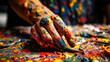 Artistic hands, Covered in vibrant paint, weave a tale of creativity as they skillfully craft the latest masterpiece, each stroke telling a story. Generative AI