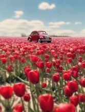 Red Vw Beetle In A Field Of Red Tulips. Generative AI