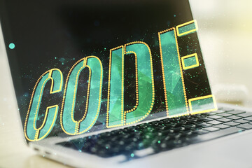Wall Mural - creative code word hologram on modern computer background, artificial intelligence and neural networ