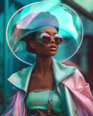 African american woman. Bizarre retro futuristic couture fashion style. Beautiful illustration picture. Generative AI