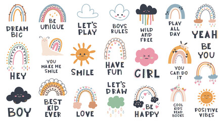 Cute hand drawn phrases with rainbow, sun, stars, cloud in boho style. Cartoon doodle print for nursery. Design for shower invitation card, birthday, children's party, book cover, poster