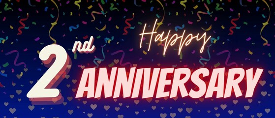 Second anniversary banner background. Happy 2nd anniversary celebration template with confetti and text. 