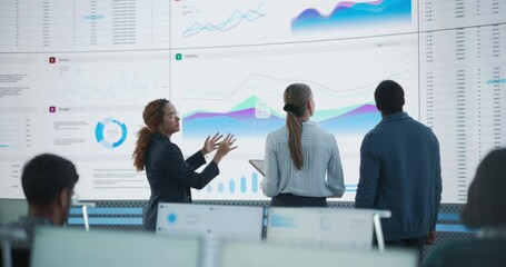 Aufkleber - Diverse Team Of Data Scientists Having A Meeting And Discussing Reports In a Modern Monitoring Office With Analytics Feed On a Big Digital Screen. Deep Learning Company With Employees Behind Computers