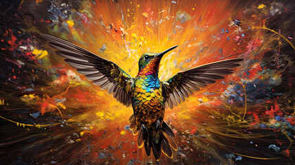 Wall Mural - Hummingbird against an exploding vibrant paint explosion. Generative Ai.