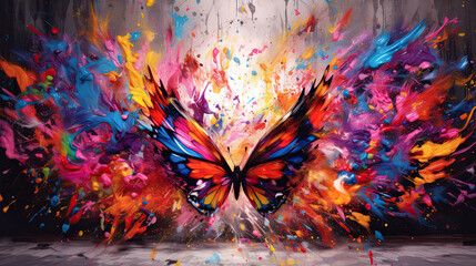 Wall Mural - Butterfly against an exploding vibrant paint explosion. Generative Ai.