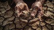 Hunger problem caused by desertification and drought, close-up of elderly person's hands holding soil as no food available, generative ai