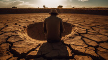 Person Sitting In Front Of A Completely Dry Water Well, Desolate From Thirst And Water Scarcity Due To Climate Change, Generative Ai