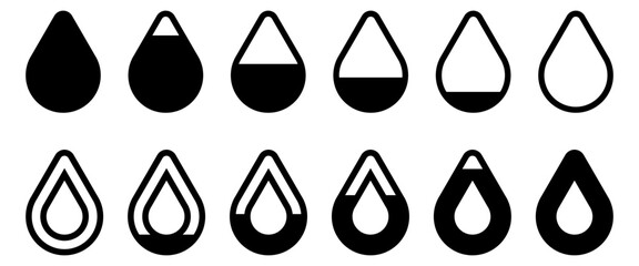 Water drop level icon set. From zero to full