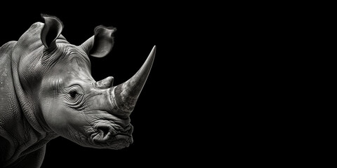 Black and white photorealistic studio portrait of an African Rhino on black background. Generative AI illustration