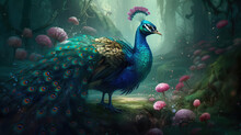 Small Charming Flower Peacock In An Enchanted Forest, In The Style Of A Magical Animal, Fantasy Art.