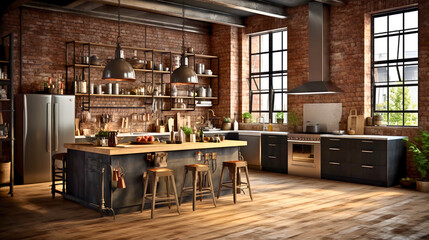 An oversized industrial kitchen island with rough wood textures, exposed brick, metal details, and edgy lighting in Brooklyn's loft architecture, Created with generative Ai Technology.