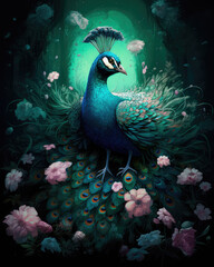 Wall Mural - Small charming flower peacock in an enchanted forest, in the style of a magical animal, fantasy art.