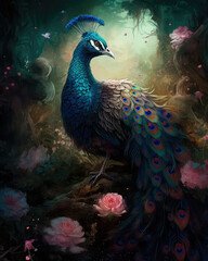 Wall Mural - Small charming flower peacock in an enchanted forest, in the style of a magical animal, fantasy art.