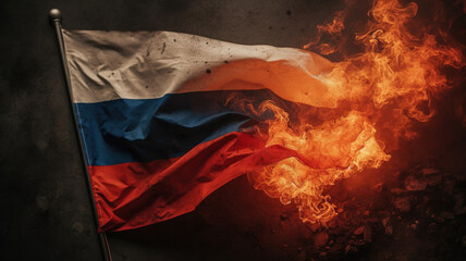 Russian Flag on Fire Flames - Symbol of War Conflict and Political Crisis in Russia, Blaze abstract background. Generative AI