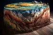 A 3D cutaway of Earth with geological layers, mountains, ocean floor, and subsurface layers. Copy space available. Generative AI