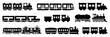 Freight train with locomotive, passenger train icons collection. Black silhouette of freight trains collection. Set of railway transport