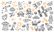 © Vector Tradition - Doodle space planets, astronauts, spaceship, comets and asteroids. Cosmos research, space flight or adventure line vector pictograms. Galaxy discovery background with spacesuit, alien UFO and rover