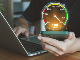 Fast internet connection with high speed internet speed test on your smartphone or laptop. 5G high speed internet concept