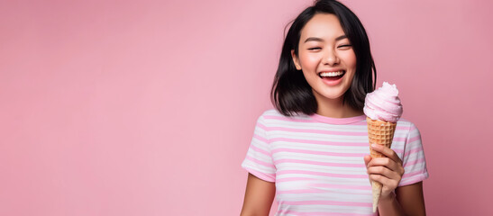 Smiling Asian girl with ice cream - Generative Ai