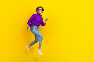 Sticker - Full length photo of running it specialist girl junior programmer hold coffee hurry up her coworking isolated on yellow color background