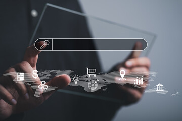 Wall Mural - man's hands are finger point to searching for information. using search console with your website. d