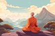 Cartoon style. Yoga exercises a buddhist monk is meditating in the mountains. Beautiful illustration picture. Generative AI