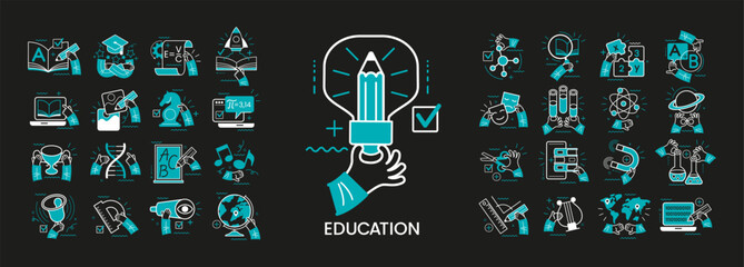 Wall Mural - concept illustration set. collection of different education scenes and situations. human hands with 