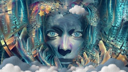 Wall Mural - mystic woman's face in cartoon sky