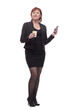 smiling business woman with smartphone and coffee to take away .