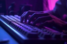 A Person Typing On A Keyboard With A Purple Light Behind Them.