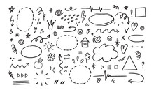 Hand Drawn Set Of Simple Decorative Elements. Various Icons Such As Hearts, Stars, Speech Bubbles, Arrows, Lines Isolated On White Background.