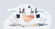 © VectorMine - Partnership and business partners deal or agreement tiny person concept. Successful company collaboration with cooperation or teamwork vector illustration. Union with trust and professional relations